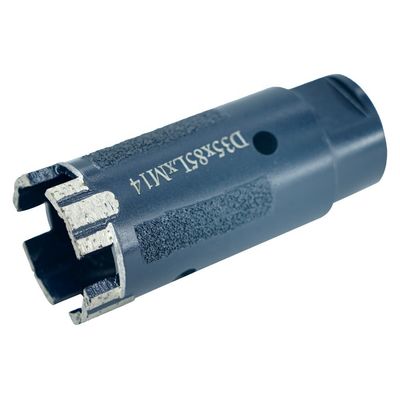 Perforazione a secco di roccia di granito rosso con perforazione di 35 mm con adattatore M14 e polvere di ferro
